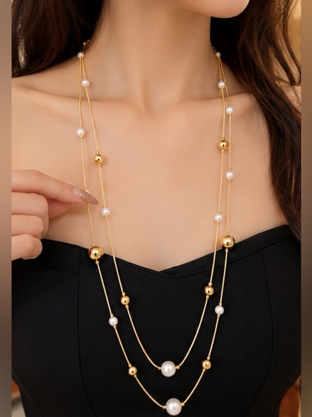 Gold Layered Pearl Necklace Long Multi Strand Beaded Statement Jewelry Fifi’s
